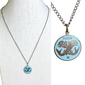 Vintage Pisces Zodiac Sign Dainty Silver Tone Pendant Necklace